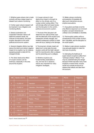 1. Whether super-volcano risk is made
a priority will have a large impact on
research and volcano monitoring.
2. Further super-volcano research will
be important in any mitigation and
monitoring efforts.
3. Global coordination and
cooperation between nations will
determine research levels, the
chances of evacuations, and post-
eruption disruption to the world
political and economic system.
4. General mitigation efforts may help
reduce the direct and indirect negative
impact of an eruption, by, for instance,
equipping people to deal with the
changed climate.
5. The direct destructive effect
of a super-volcano can be
extensive, especially in the area
around the eruption.
6. A super-volcano’s main
destructive impact is through its
effect on the climate, akin to a
nuclear winter cooling effect. This
will strongly affect all impact levels,
and the disruption to the world’s
political and economic system.
7. The level of this disruption will
determine how well countries cope
with the aftermath of the eruption and
subsequent climate changes, and
whether subsequent conflicts or trade
wars will occur, adding to the damage.
8. The long-term climate impact will
determine in what state the post-
eruption world will find itself, relevant
both for reconstruction after a collapse
and for preventing such a collapse.
9. Whether eruptions are
fundamentally predictable or
not, and how far in advance,
will be very important for many
mitigation strategies.
10. Better volcano monitoring
and prediction (if possible) will
allow such interventions as pre-
emptive evacuations.
11. Evacuations are likely to be the
only effective response to an imminent
eruption, as super-volcanoes are
unlikely to be controllable or divertible.
12. Post-eruption politics will be a
consequence of the number of short-
term casualties, and the disruption to
the world system.
13. Medium scale volcanic eruptions
may persuade leaders to make the
risk more of a priority.
14. Estimating the likelihood of
super-volcanic eruptions suffers from
“anthropic shadow” effects: 390
we
may be underestimating the danger
because if there had been many more
eruptions in recent times, humans
would not currently be around to
observe their effects and take them
into account.
Figure 21: Volcanic Explosivity Index 389
VEI
0
1
2
3
4
5
6
7
8
Ejecta volume
< 10,000 m3
> 10,000 m3
> 1,000,000 m3
> 10,000,000 m3
> 0.1 km3
> 1 km3
> 10 km3
> 100 km3
> 1,000 km3
Classification
Hawaiian
Hawaiian / Strombolian
Strombolian / Vulcanian
Vulcanian / Peléan
Peléan / Plinian
Plinian
Plinian / Ultra-Plinian
Ultra-Plinian
Supervolcanic
Description
Effusive
Gentle
Explosive
Catastrophic
Cataclysmic
Paroxysmic
Colossal
Mega-colossal
Apocalyptic
Plume
< 100 m
100-1000 m
1-5 km
3-15 km
10-25 km
20-35 km
> 30 km
> 40 km
> 50 km
Frequency
constant
daily
weekly
few months
≥ 1 yr
≥ 10 yrs
≥ 100 yrs
≥ 1,000 yrs
≥ 10,00 yrs
105Global Challenges – Twelve risks that threaten human civilisation – The case for a new category of risks
3.2 Exogenic risks
 
