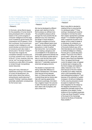 01-Oct-13: Publication of “Our Final
Invention: Artificial Intelligence
and the End of the Human Era”
by James Barrat, warning of the
dangers of AI 519
– Research,
In this book, James Barrat argues
for the possibility of human-level AI
being developed within a decade,
based on the current progress in
computer intelligence and the large
sums invested by governments and
corporations into AI research. Once
this is achieved, the AI would soon
surpass human intelligence, and
would develop survival drives similar
to humans (a point also made in
Omohundro’s “AI drives” thesis).520
The book then imagines the
competition between humanity and
a cunning, powerful rival, in the form
of the AI – a rival, moreover, that may
not be “evil” but simply harmful to
humanity as a side effect of its goals,
or simply through monopolising
scarce resources.
Along with many interviews of
researchers working in the forefront
of current AI development, the
book further claims that without
extraordinarily careful planning,521
powerful “thinking” machines present
potentially catastrophic consequences
for the human race.
15-Oct-13: “Racing to the precipice:
a model of artificial intelligence
development” lays out the dangers
of AI arms races 522
– Research
AIs may be developed by different
groups, each desiring to be the
first to produce an artificial mind.
The competitive pressure will be
stronger the more powerful AIs are
believed to be, thus maximising
the danger in those situations.
This paper considers an AI arms
race,523 where different teams have
the option of reducing their safety
precautions in order to perfect
their device first – but running the
risk of creating a dangerous and
uncontrollable AI. In the absence of
enforceable agreements between the
teams, this dynamic pushes each to
take on more risk than they would
want (similarly to the “prisoner’s
dilemma“),524
potentially causing an
extremely damaging outcome.
The situation is improved if risk-
taking makes little difference to
speed of development, if the teams
have reduced enmity between
them, or if there are fewer teams
involved (those last two factors also
help with reaching agreements).
Somewhat surprisingly, information
has a negative impact: the outcome
is safer if the teams are ignorant of
each other’s rate of progress, and
even of their own.
24-Oct-13: Growing researcher
awareness of the threat of artificial
intelligence 525
– Research
Much more effort is devoted to
creating AI than to ensuring that
it is developed safely.526
Those
working in developing AI could be
motivated to minimise the extent
their creation represented a potential
danger.527 It is therefore significant
when a researcher focused on the
danger of AI is invited to speak at
a mainstream AI conference, as
Dr. Anders Sandberg of the Future
of Humanity Institute was, at the
23rd International Joint Conference
on Artificial Intelligence in Beijing.
He took part in a panel discussion
entitled “The Future of AI: What if
we succeed?”, along with Joanna
Bryson, Henry Kautz and Sebastian
Thrun. He argued that though
current AI research does not appear
to directly lead to dangerous AIs,
the time to design and implement
safety measures is now. This is
both because of the time needed
to develop such safety measures,
which could necessitate solving
hard philosophical problems,528 and
because of the potential for sudden
increases in AI skill and intelligence.
Further, security precautions would
be easier to implement if they
were integrated into the design by
the designers themselves (or by
researchers intimately aware of the
properties of the design). Further
evidence of the increased awareness
of risks was Stuart Russell’s529
joining
of the board of the Cambridge
Centre for the Study of Existential
Risks (CSER).530
125Global Challenges – Twelve risks that threaten human civilisation – The case for a new category of risks
3.3 Emerging risks
 