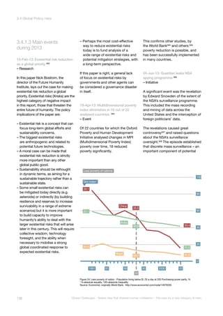 during 2013
3.4.1.3 Main events
1981
Brazil
57.5
59.7 57.6
India
35.1
29.1
Gini index*
35.5
41.5
30.8
China
81 90
93
95 052000
0
20
40
60
80
100
33.4
Less poverty of nations
15-Feb-13: Existential risk reduction
as a global priority 562
– Research
In this paper Nick Bostrom, the
director of the Future Humanity
Institute, lays out the case for making
existential risk reduction a global
priority. Existential risks (Xrisks) are the
highest category of negative impact
in this report, those that threaten the
entire future of humanity. The policy
implications of the paper are:
– Existential risk is a concept that can
focus long-term global efforts and
sustainability concerns.
– The biggest existential risks
are anthropogenic and related to
potential future technologies.
– A moral case can be made that
existential risk reduction is strictly
more important than any other
global public good.
– Sustainability should be rethought
in dynamic terms, as aiming for a
sustainable trajectory rather than a
sustainable state.
– Some small existential risks can
be mitigated today directly (e.g.
asteroids) or indirectly (by building
resilience and reserves to increase
survivability in a range of extreme
scenarios) but it is more important
to build capacity to improve
humanity’s ability to deal with the
larger existential risks that will arise
later in this century. This will require
collective wisdom, technology
foresight, and the ability when
necessary to mobilise a strong
global coordinated response to
expected existential risks.
– Perhaps the most cost-effective
way to reduce existential risks
today is to fund analysis of a
wide range of existential risks and
potential mitigation strategies, with
a long-term perspective.
If this paper is right, a general lack
of focus on existential risks by
governments and other agents can
be considered a governance disaster
in itself.
19-Apr-13: Multidimensional poverty
index diminishes in 18 out of 22
analysed countries 563
– Event
Of 22 countries for which the Oxford
Poverty and Human Development
Initiative analysed changes in MPI
(Multidimensional Poverty Index)
poverty over time, 18 reduced
poverty significantly.
This confirms other studies, by
the World Bank564
and others:565
poverty reduction is possible, and
has been successfully implemented
in many countries.
05-Jun-13: Guardian leaks NSA
spying programme 566
– Initiative
A significant event was the revelation
by Edward Snowden of the extent of
the NSA’s surveillance programme.
This included the mass recording
and mining of data across the
United States and the interception of
foreign politicians’ data.
The revelations caused great
controversy567 and raised questions
about the NSA’s surveillance
oversight.568
The episode established
that discrete mass surveillance – an
important component of potential
Figure 24: Less poverty of nation - Population living below $1.25 a day at 205 Purchasing-pover parity, %
* 0=absolute equality, 100=absolute inequality
Source: Economist, originally World Bank, http://www.economist.com/node/14979330
136 Global Challenges – Twelve risks that threaten human civilisation – The case for a new category of risks
3.4 Global Policy risks
 