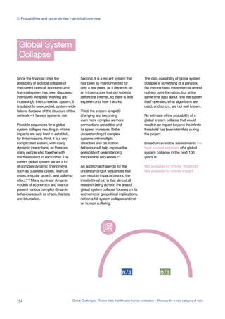Collapse
Global System
Since the financial crisis the
possibility of a global collapse of
the current political, economic and
financial system has been discussed
intensively. A rapidly evolving and
increasingly interconnected system, it
is subject to unexpected, system-wide
failures because of the structure of the
network – it faces a systemic risk.
Possible sequences for a global
system collapse resulting in infinite
impacts are very hard to establish,
for three reasons. First, it is a very
complicated system, with many
dynamic interactions, as there are
many people who together with
machines react to each other. The
current global system shows a lot
of complex dynamic phenomena,
such as business cycles, financial
crises, irregular growth, and bullwhip
effect.612 Many nonlinear dynamic
models of economics and finance
present various complex dynamic
behaviours such as chaos, fractals,
and bifurcation.
Second, it is a rec ent system that
has been so interconnected for
only a few years, as it depends on
an infrastructure that did not exist
before the internet, so there is little
experience of how it works.
Third, the system is rapidly
changing and becoming
even more complex as more
connections are added and
its speed increases. Better
understanding of complex
systems with multiple
attractors and bifurcation
behaviour will help improve the
possibility of understanding
the possible sequences.613
An additional challenge for the
understanding of sequences that
can result in impacts beyond the
infinite threshold is that almost all
research being done in the area of
global system collapse focuses on its
economic or geopolitical implications,
not on a full system collapse and not
on human suffering.
The data availability of global system
collapse is something of a paradox.
On the one hand the system is almost
nothing but information, but at the
same time data about how the system
itself operates, what algorithms are
used, and so on,, are not well known.
No estimate of the probability of a
global system collapse that would
result in an impact beyond the infinite
threshold has been identified during
the project.
Based on available assessments the
best current estimate of a global
system collapse in the next 100
years is:
Not available for infinite threshold,
Not available for infinite impact
%
en
nd
0.1%
one in
thousand
1%
one in
hundred
10%
one in
ten
n/a n/a
act %
%
ten
nd
0.1%
one in
thousand
1%
one in
hundred
10%
one in
ten
n/a n/a
act %
154 Global Challenges – Twelve risks that threaten human civilisation – The case for a new category of risks
5. Probabilities and uncertainties – an initial overview
 
