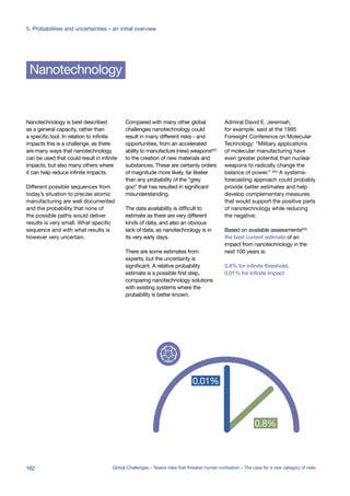 Nanotechnology
Nanotechnology is best described
as a general capacity, rather than
a specific tool. In relation to infinite
impacts this is a challenge, as there
are many ways that nanotechnology
can be used that could result in infinite
impacts, but also many others where
it can help reduce infinite impacts.
Different possible sequences from
today’s situation to precise atomic
manufacturing are well documented
and the probability that none of
the possible paths would deliver
results is very small. What specific
sequence and with what results is
however very uncertain.
Compared with many other global
challenges nanotechnology could
result in many different risks - and
opportunities, from an accelerated
ability to manufacture (new) weapons623
to the creation of new materials and
substances. These are certainly orders
of magnitude more likely, far likelier
than any probability of the “grey
goo” that has resulted in significant
misunderstanding.
The data availability is difficult to
estimate as there are very different
kinds of data, and also an obvious
lack of data, as nanotechnology is in
its very early days.
There are some estimates from
experts, but the uncertainty is
significant. A relative probability
estimate is a possible first step,
comparing nanotechnology solutions
with existing systems where the
probability is better known.
Admiral David E. Jeremiah,
for example, said at the 1995
Foresight Conference on Molecular
Technology: “Military applications
of molecular manufacturing have
even greater potential than nuclear
weapons to radically change the
balance of power.” 624
A systems-
forecasting approach could probably
provide better estimates and help
develop complementary measures
that would support the positive parts
of nanotechnology while reducing
the negative.
Based on available assessments625
the best current estimate of an
impact from nanotechnology in the
next 100 years is:
0.8% for infinite threshold,
0.01% for infinite impact
n/a n/a
0.01%
0.8%n/a n/a
0.01%
0.8%
162 Global Challenges – Twelve risks that threaten human civilisation – The case for a new category of risks
5. Probabilities and uncertainties – an initial overview
 