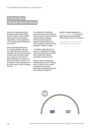 Global Governance
Future Bad
As there is no global government,
global governance today typically
involves a range of actors including
states, regional and international
organisations. A single organisation
may nominally be given the lead role
on an issue.629
Future bad global governance is
an important challenge, although
it is totally different from the other
challenges. We should remember that
at present about two billion people
live in poverty, and the risks from
global challenges are increasing. No
governance system is perfect, but it
is possible to improve significantly on
the current system without increasing
the risks.
The probability of a bad global
governance system will increase the
longer it takes to implement solutions
to address global challenges.
When the world experiences
significant negative impacts, the
time for reflection will be shorter and
polarisation is likely to increase.
To establish a failed governance
system on a global level will require
something extraordinary, as nations
tend to protect their national
sovereignty at almost any cost.
What can help in understanding
possible sequences is an increasing
amount of data on how complex
organisations work and the
psychology of organisations that can
create destructive patterns.630
Based on available assessments the
best current estimate of a future bad
global governance with potentially
infinite impacts in the next 100 years is:
Not available for infinite threshold,
Not available for infinite impact
1%
n/a n/a
0.00013%
0.002%
0.00003%
0.01%
0.01%
0.01%
0-10%
0-10%
0.1%
0.8%
5%
n/a n/a1%
n/a n/a
0.00013%
0.002%
0.00003%
0.01%
0.01%
0.01%
0-10%
0-10%
0.1%
0.8%
5%
n/a n/a
168 Global Challenges – Twelve risks that threaten human civilisation – The case for a new category of risks
5. Probabilities and uncertainties – an initial overview
 
