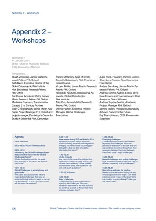 Workshop 1
14 January 2014,
at the Future of Humanity Institute
(FHI), University of Oxford:
Participants
Stuart Armstrong, James Martin Re-
search Fellow, FHI, Oxford
Seth Baum, Executive Director of the
Global Catastrophic Risk Institute
Nick Beckstead, Research Fellow,
FHI, Oxford
Eric Drexler, Academic Visitor, James
Martin Research Fellow, FHI, Oxford
Madeleine Enarsson, Transformative
Catalyst, 21st Century Frontiers
Seán Ó hÉigeartaigh, James Martin Aca-
demic Project Manager, FHI, Oxford and
project manager, Cambridge’s Centre for
Study of Existential Risk, Cambridge
Patrick McSharry, head of Smith
School’s Catastrophe Risk Financing
research area.
Vincent Müller, James Martin Research
Fellow, FHI, Oxford
Robert de Neufville, Professional As-
sociate, Global Catastrophic
Risk Institute
Toby Ord, James Martin Research
Fellow, FHI, Oxford
Dennis Pamlin, Executive Project
Manager, Global Challenges
Foundation
Jules Peck, Founding Partner, Jericho
Chambers; Trustee, New Economics
Foundation
Anders Sandberg, James Martin Re-
search Fellow, FHI, Oxford
Andrew Simms, Author, Fellow at the
New Economics Foundation and Chief
Analyst at Global Witness
Andrew Snyder-Beattie, Academic
Project Manager, FHI, Oxford
James Taplan, Principal Sustainability
Advisor, Forum for the Future
Raj Thamotheram, CEO, Preventable
Surprises
Agenda
09.30 Welcome
09.35-09.50: Round of introductions
09.50-10.10
Introducing the Global Challenges Foun-
dation and the work with the “Global
Challenges Report”
What is the background for this work,
draft structure of the report and agenda
for the day?
10.10-10.40
Global Challenges in society today and
global risks
Who cares about and works with the
major global challenges that pose an
existential threat and who wants to cancel
the apocalypse? In short: In what context
will the report be received?
10.40-11.40
Major events during 2013 and links to 2014
Discussing the draft list and structure.
What is missing, especially with regards to
emerging countries? What could happen
during 2014 that we think should be
reflected in the report?
11.40-12.30
Infinite impacts
How can infinite impacts be defined and
presented in ways that make policy mak-
ers take them seriously? What models
and narratives exist, what coalitions can
work with such questions?
12.30-13.30 Lunch
13.30-14.30
Major challenges
Probabilities and impacts, discussions
regarding the challenges. Who can
provide an estimation of the risk and who
can continue to work on these? Are there
synergies between them?
14.30-15.30
Emerging challenges
Probabilities and impacts, discussions
regarding the challenges. Who can
provide an estimation of the risk and who
can continue to work on these? Are there
synergies between them and between
them and today’s major challenges?
15.30-16.00
Natural challenges and policy challenges
How to deal with these challenges that are
different, especially policy challenges?
16.00-16.30
Next steps and need for funding
Based on the discussion during the day,
what are possible next steps? Are there
initiatives/work in need of funding? What
role could a quarterly Global Challenges/
risk report have?
Workshops
Appendix 2 –
206 Global Challenges – Twelve risks that threaten human civilisation – The case for a new category of risks
Appendix 2 – Workshops
 