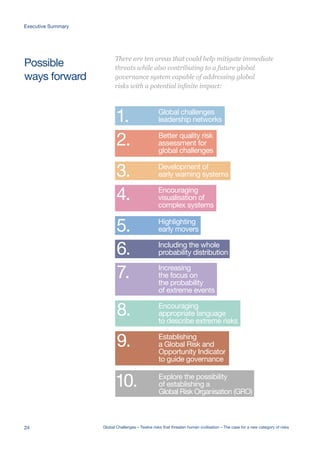 Possible
ways forward
Global challenges
leadership networks
Better quality risk
assessment for
global challenges
Development of
early warning systems
Encouraging
visualisation of
complex systems
Highlighting
early movers
Including the whole
probability distribution
Increasing
the focus on
the probability
of extreme events
Encouraging
appropriate language
to describe extreme risks
Establishing
a Global Risk and
Opportunity Indicator
to guide governance
Explore the possibility
of establishing a
Global Risk Organisation (GRO)
1.
2.
3.
4.
5.
6.
7.
8.
9.
10.
There are ten areas that could help mitigate immediate
threats while also contributing to a future global
governance system capable of addressing global
risks with a potential infinite impact:
24 Global Challenges – Twelve risks that threaten human civilisation – The case for a new category of risks
Executive Summary
 