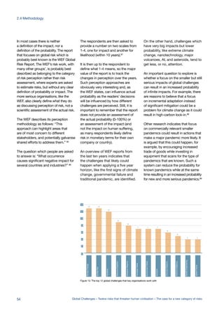 ClimateChange
NuclearWar
Pandemic
ResourceDepletion
BiologicalWeapons
Nanotech
ChemicalWeapons
ComputerFailure
GovernmentFailure
ArtificialIntelligence
SystemFailure
GeneticEngeneering
AtmosphericAerosols13 13
12
9
8
7 7 7
6
5
4 4
0
4
8
12
2
6
10
14
In most cases there is neither
a definition of the impact, nor a
definition of the probability. The report
that focuses on global risk which is
probably best known is the WEF Global
Risk Report. The WEF’s risk work, with
many other groups’, is probably best
described as belonging to the category
of risk perception rather than risk
assessment, where experts are asked
to estimate risks, but without any clear
definition of probability or impact. The
more serious organisations, like the
WEF, also clearly define what they do
as discussing perception of risk, not a
scientific assessment of the actual risk.
The WEF describes its perception
methodology as follows: “This
approach can highlight areas that
are of most concern to different
stakeholders, and potentially galvanise
shared efforts to address them.” 85
The question which people are asked
to answer is: “What occurrence
causes significant negative impact for
several countries and industries?” 86
The respondents are then asked to
provide a number on two scales from
1-4, one for impact and another for
likelihood (within 10 years).87
It is then up to the respondent to
define what 1-4 means, so the major
value of the report is to track the
changes in perception over the years.
Such perception approaches are
obviously very interesting and, as
the WEF states, can influence actual
probability as the readers’ decisions
will be influenced by how different
challenges are perceived. Still, it is
important to remember that the report
does not provide an assessment of
the actual probability (0-100%) or
an assessment of the impact (and
not the impact on human suffering,
as many respondents likely define
risk in monetary terms for their own
company or country).
An overview of WEF reports from
the last ten years indicates that
the challenges that likely could
happen when applying a five year
horizon, like the first signs of climate
change, governmental failure and
traditional pandemic, are identified.
On the other hand, challenges which
have very big impacts but lower
probability, like extreme climate
change, nanotechnology, major
volcanoes, AI, and asteroids, tend to
get less, or no, attention.
An important question to explore is
whether a focus on the smaller but still
serious impacts of global challenges
can result in an increased probability
of infinite impacts. For example, there
are reasons to believe that a focus
on incremental adaptation instead
of significant mitigation could be a
problem for climate change as it could
result in high-carbon lock-in.88
Other research indicates that focus
on commercially relevant smaller
pandemics could result in actions that
make a major pandemic more likely. It
is argued that this could happen, for
example, by encouraging increased
trade of goods while investing in
equipment that scans for the type of
pandemics that are known. Such a
system can reduce the probability for
known pandemics while at the same
time resulting in an increased probability
for new and more serious pandemics.89
Figure 13: The top 12 global challenges that key organisations work with
54 Global Challenges – Twelve risks that threaten human civilisation – The case for a new category of risks
2.4 Methodology
 