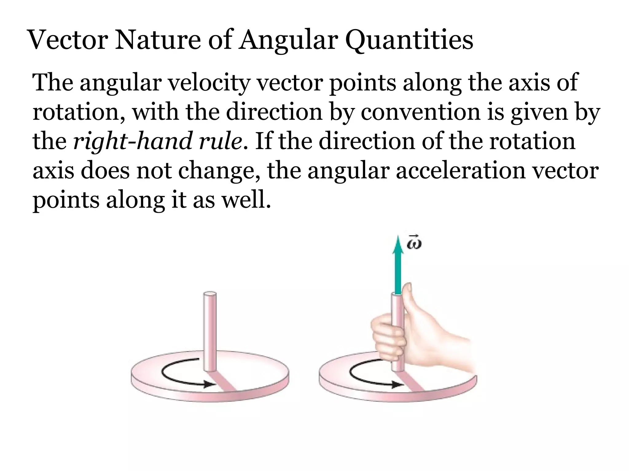 Vector Nature of Angular Quantities The angular velocity vector points along the axis of rotation, with the direction by convention is given by the  right-hand rule . If the direction of the rotation axis does not change, the angular acceleration vector points along it as well. 