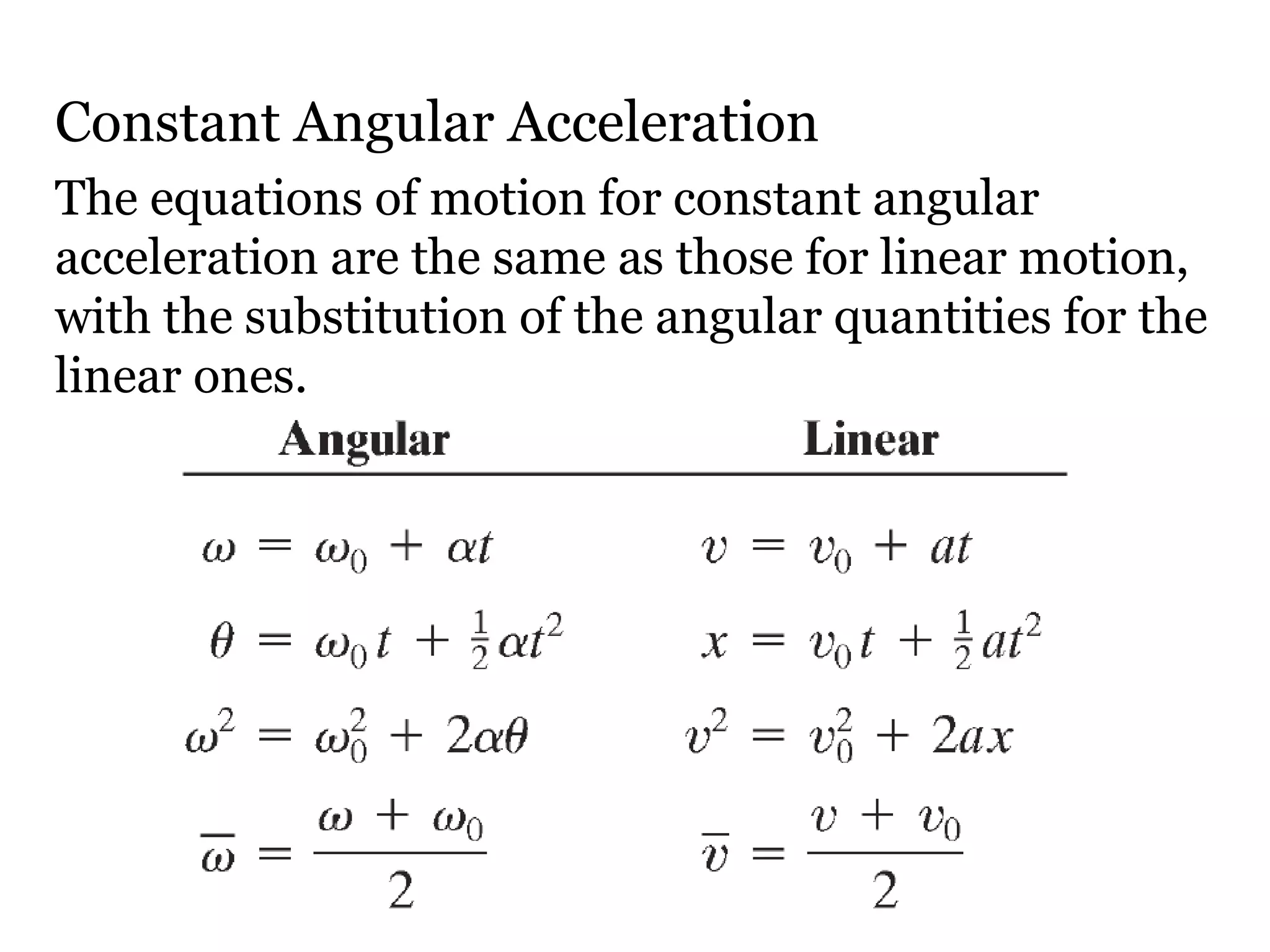 Constant Angular Acceleration The equations of motion for constant angular acceleration are the same as those for linear motion, with the substitution of the angular quantities for the linear ones. 