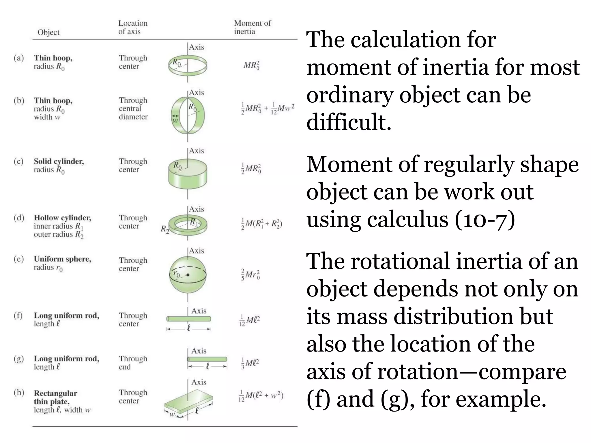 The calculation for moment of inertia for most ordinary object can be difficult.  Moment of regularly shape object can be work out using calculus (10-7) The rotational inertia of an object depends not only on its mass distribution but also the location of the axis of rotation—compare (f) and (g), for example. 