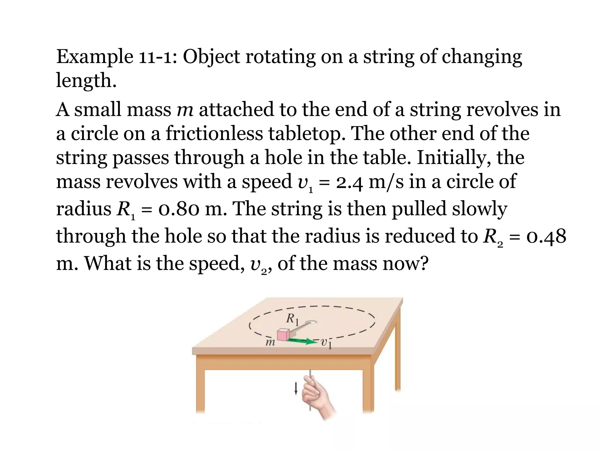 Example 11-1: Object rotating on a string of changing length.  A small mass  m  attached to the end of a string revolves in a circle on a frictionless tabletop. The other end of the string passes through a hole in the table. Initially, the mass revolves with a speed  v 1  = 2.4 m/s in a circle of radius  R 1  = 0.80 m. The string is then pulled slowly through the hole so that the radius is reduced to  R 2  = 0.48 m. What is the speed,  v 2 , of the mass now? 