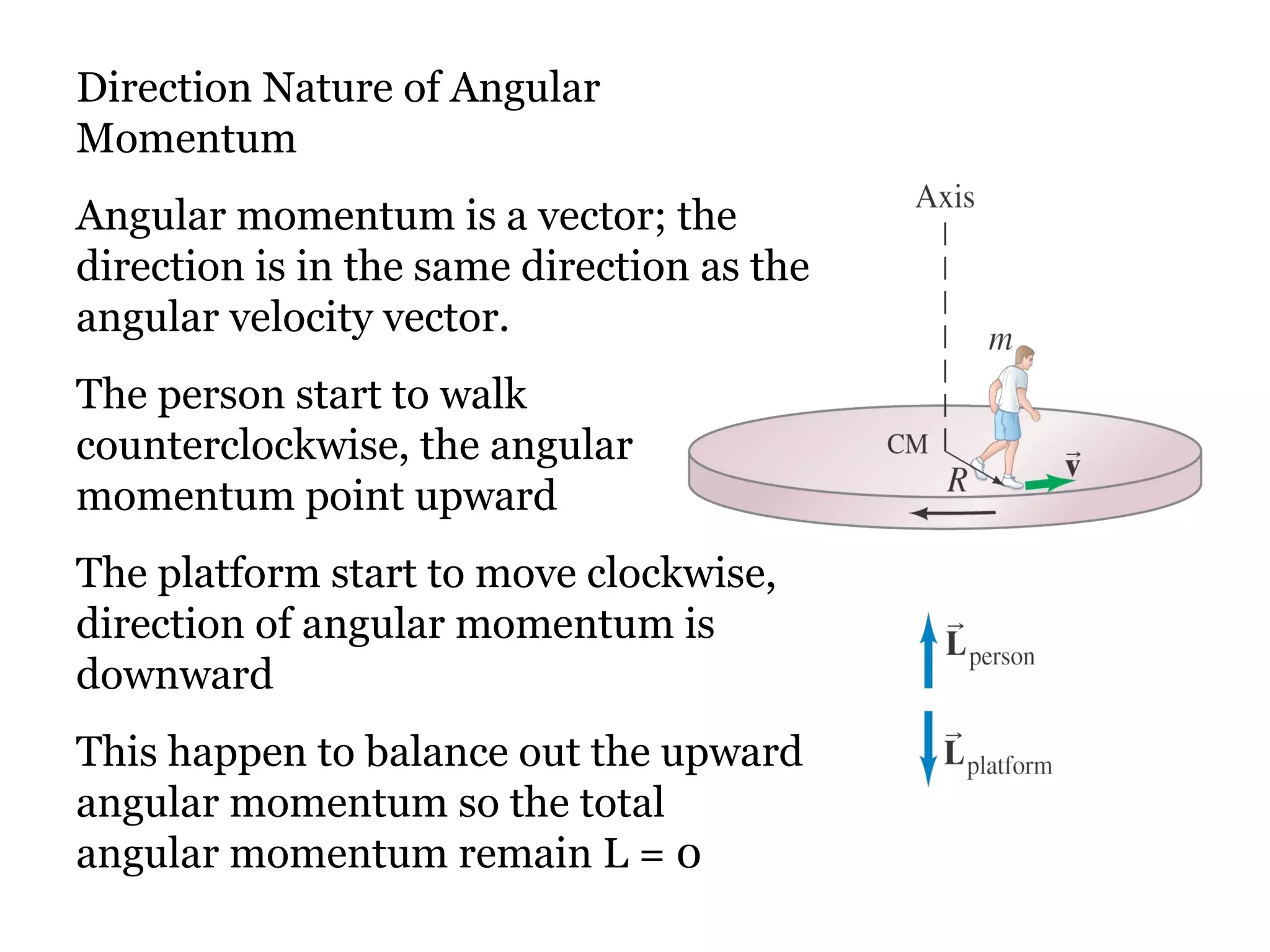 Direction Nature of Angular Momentum Angular momentum is a vector; the direction is in the same direction as the angular velocity vector. The person start to walk counterclockwise, the angular momentum point upward The platform start to move clockwise, direction of angular momentum is downward This happen to balance out the upward angular momentum so the total angular momentum remain L = 0 