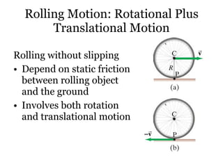 Rolling Motion: Rotational Plus Translational Motion Rolling without slipping Depend on static friction between rolling object and the ground Involves both rotation and translational motion  