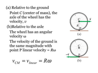 (a) Relative to the ground  Point  C  (center of mass), the axle of the wheel has the velocity,  v   (b)Relative to the axle The wheel has an angular velocity  ω The velocity of the ground is the same magnitude with point P linear velocity =  R ω 