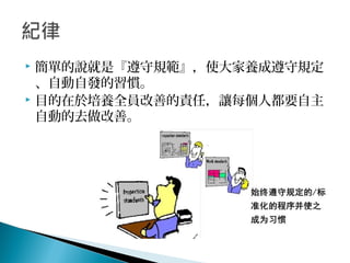  簡單的說就是『遵守規範』，使大家養成遵守規定
、自動自發的習慣。
 目的在於培養全員改善的責任，讓每個人都要自主
自動的去做改善。
 