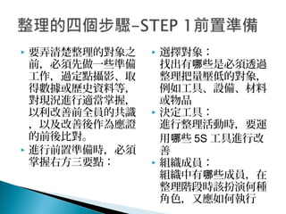  要弄清楚整理的對象之
前，必須先做一些準備
工作，過定點攝影、取
得數據或歷史資料等，
對現況進行適當掌握，
以利改善前全員的共識
，以及改善後作為應證
的前後比對。
 進行前置準備時，必須
掌握右方三要點：
 選擇對象：
找出有 些是必須透過哪
整理把量壓低的對象，
例如工具、設備、材料
或物品
 決定工具：
進行整理活動時，要運
用 些哪 5S 工具進行改
善
 組織成員：
組織中有 些成員，在哪
整理階段時該扮演何種
角色，又應如何執行
 