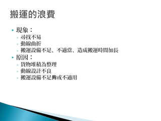  現象：
◦ 尋找不易
◦ 動線曲折
◦ 搬運設備不足、不適當、造成搬運時間加長
 原因：
◦ 貨物堆積為整理
◦ 動線設計不良
◦ 搬運設備不足 或不適用夠
 