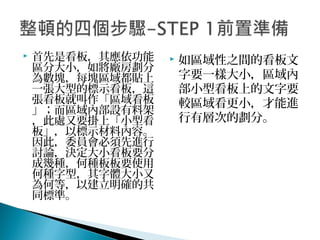 首先是看板，其應依功能
區分大小，如將廠房劃分
為數塊，每塊區域都貼上
一張大型的標示看板，這
張看板就叫作「區域看板
」；而區域內部設有料架
，此處又要掛上「小型看
板」，以標示材料內容。
因此，委員會必須先進行
討論，決定大小看板要分
成幾種，何種板板要使用
何種字型，其字體大小又
為何等，以建立明確的共
同標準。
 如區域性之間的看板文
字要一樣大小，區域內
部小型看板上的文字要
較區域看更小，才能進
行有層次的劃分。
 