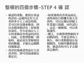  確認的重點，應放在效益
的評估—這樣的定位方式
省掉多少人工或是時間，
若可以用金錢來衡量，則
以金錢來做評估；如果無
法量化，至少必須以人工
小時來做改善效益的評估
。因此，在整理整頓一開
始時，就必須先掌握現況
的的數據，才能在這個階
段做確認。
 當評估後確認效益有大富
改善時，即可用油漆做長
期定位。
如果發現改善效益兩足，
或與預估目標 有很大差值
異時，可以反覆回到紙上
作業進行規劃，再作試行
，這是一個循環，可以重
複運作。
總之，在做整理整頓的不
同階段時，不要急著馬上
執行。執行重點應放在每
個階段、每個步驟都要落
實，確認真的可行才去做
落定動作。
 