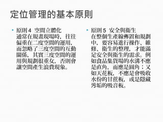  原則 4 空間立體化
通常在規畫現場時，往往
偏重在二度空間的運用，
而忽略了三度空間的互動
關係，其實三度空間的運
用與規劃很重女，否則會
讓空間產生浪費現象。
 原則 5 安全與衛生
在整個生產線 置和規劃佈
中，要容易進行操作、維
修、衛生的整理，才能滿
足安全與衛生的需求。例
如食品集貨場的水溝不應
是直角，而應是圓角；又
如天花板，不應是會吸收
水份的甘蔗板，或是隱藏
垢的吸音板。污
 