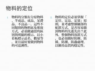 1. 物料的分類有分原物料
、半成品、成品、呆滯
品、不良品…，這些不
同類別的物料區及堆放
方式，必須做適當的區
別與明顯的標示，以小
看板標示品名、數量等
，並且最好要做到物料
的可追溯性。
2. 物料的定位必須掌握「
定位、定品、定量」原
則，並考慮整個細部的
配置方式，是否容易做
到物料的先進先出？此
外，整個物料放置方式
，也必須做好防塵、防
撞、防潮、防蟲處理，
以維持品質的穩定性。
 