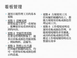  運用目視管理工具的基本
要點
 要點 1 清晰易辨
即使從遠方亦可一看便知
，能 很容易看到所要見夠
到的內容。
 要點 2 突顯管理重點
在希望管理的對象上，能
多以看板或顏色突顯重點
。例如物料、設備等。
 要點 3 對標示有共識
任何屬於組織的成員，均
可一看即知看板或顏色標
示的意義。
 要點 4 方便使用工具
任何屬於組織的員工，都
能方便使用看板或顏色管
理這項工具。
 要點 5 工作環境更明亮
運用看板或顏色管理，不
能使環境變得非常雜亂。
成功的看板或顏色管理，
應是工作環境變得明亮且
整潔有效率
 