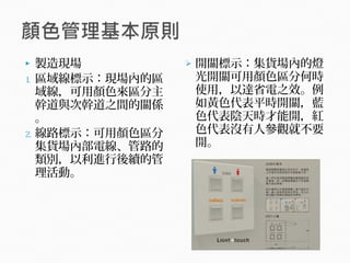  製造現場
1. 區域線標示：現場內的區
域線，可用顏色來區分主
幹道與次幹道之間的關係
。
2. 線路標示：可用顏色區分
集貨場內部電線、管路的
類別，以利進行後續的管
理活動。
 開關標示：集貨場內的燈
光開關可用顏色區分何時
使用，以達省電之效。例
如黃色代表平時開關，藍
色代表陰天時才能開，紅
色代表沒有人參觀就不要
開。
 