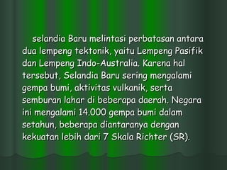 selandia Baru melintasi perbatasan antara dua lempeng tektonik, yaitu Lempeng Pasifik dan Lempeng Indo-Australia. Karena hal tersebut, Selandia Baru sering mengalami gempa bumi, aktivitas vulkanik, serta semburan lahar di beberapa daerah. Negara ini mengalami 14.000 gempa bumi dalam setahun, beberapa diantaranya dengan kekuatan lebih dari 7 Skala Richter (SR).  