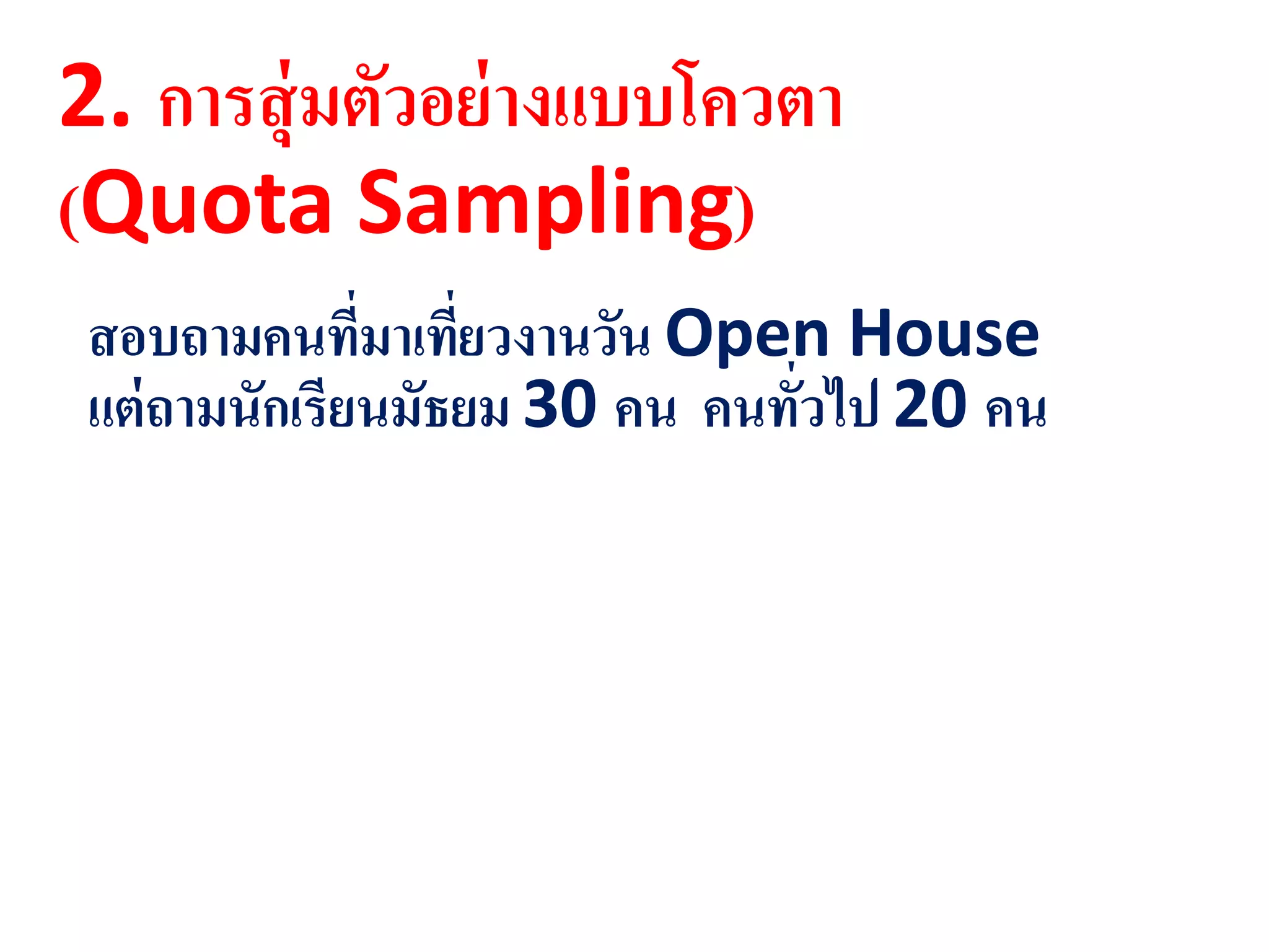 2. การสุ่มตัวอย่างแบบโควตา
(Quota Sampling)
สอบถามคนที่มาเที่ยวงานวัน Open House
แต่ถามนักเรียนมัธยม 30 คน คนทั่วไป 20 คน
 