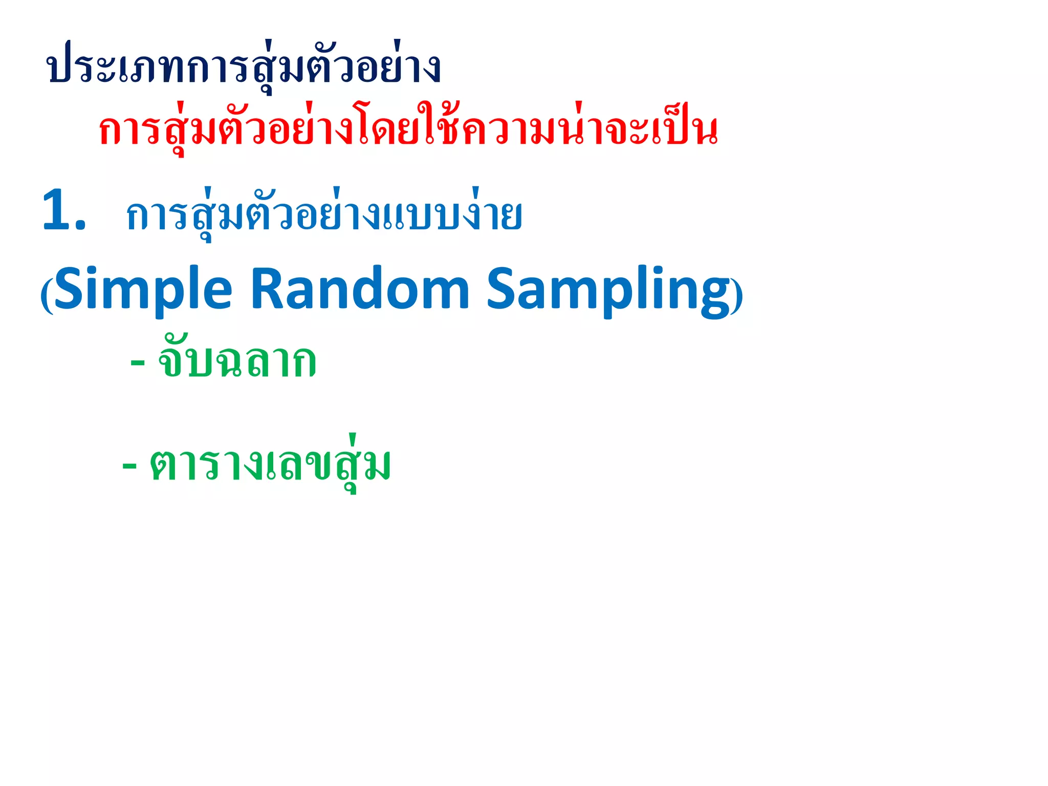 ประเภทการสุ่มตัวอย่าง
การสุ่มตัวอย่างโดยใช้ความน่าจะเป็น
1. การสุ่มตัวอย่างแบบง่าย
(Simple Random Sampling)
- จับฉลาก
- ตารางเลขสุ่ม
 