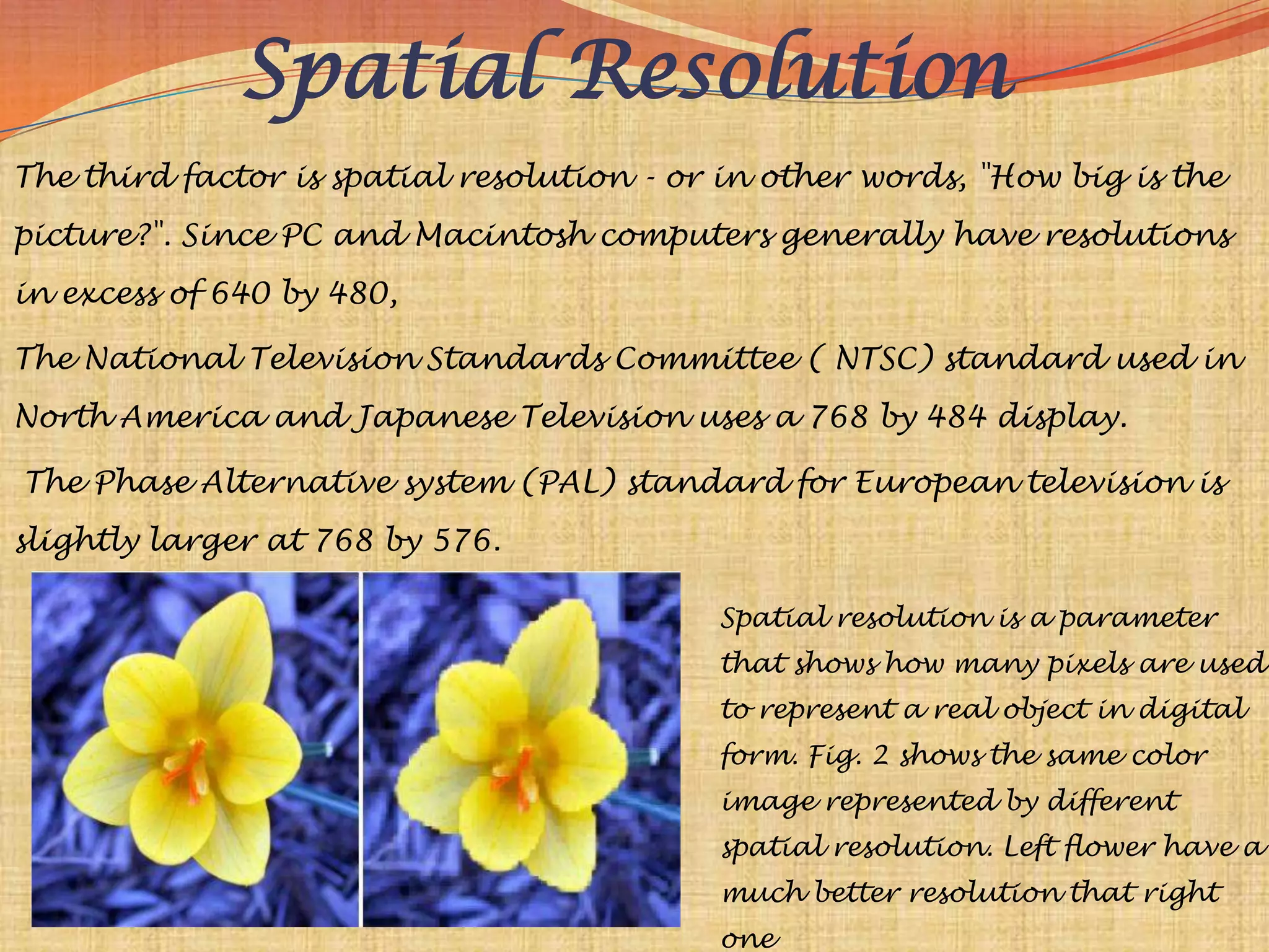 Spatial Resolution
The third factor is spatial resolution - or in other words, "How big is the
picture?". Since PC and Macintosh computers generally have resolutions
in excess of 640 by 480,

The National Television Standards Committee ( NTSC) standard used in
North America and Japanese Television uses a 768 by 484 display.

The Phase Alternative system (PAL) standard for European television is
slightly larger at 768 by 576.

                                           Spatial resolution is a parameter
                                           that shows how many pixels are used
                                           to represent a real object in digital
                                           form. Fig. 2 shows the same color
                                           image represented by different
                                           spatial resolution. Left flower have a
                                           much better resolution that right
                                           one
 