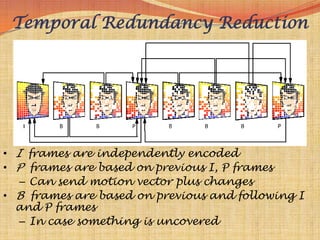 Temporal Redundancy Reduction




• I frames are independently encoded
• P frames are based on previous I, P frames
   – Can send motion vector plus changes
• B frames are based on previous and following I
  and P frames
   – In case something is uncovered
 