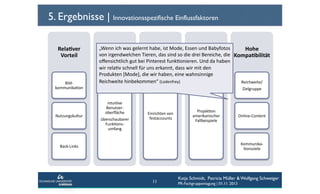 5. Ergebnisse | Innovationsspezifische Einflussfaktoren
Rela6ver	
  
Vorteil	
  

Bild-­‐
kommunikaCon	
  

Nutzungskultur	
  

Hohe	
  
„Wenn	
  ich	
  was	
  gelernt	
  habe,	
  ist	
  Mode,	
  Essen	
  und	
  Babyfotos	
  
Niedrige	
  
Hohe	
  
Hohe	
  
Beobacht-­‐ die	
  
von	
  irgendwelchen	
  Tieren,	
  das	
  sind	
  so	
  die	
  drei	
  Bereiche,	
  
Komplexität	
  
Erprobbarkeit	
  
Kompa6bilität	
  
barkeit	
  haben	
  
oﬀensichtlich	
  gut	
  bei	
  Pinterest	
  funkConieren.	
  Und	
  da	
  
wir	
  relaCv	
  schnell	
  für	
  uns	
  erkannt,	
  dass	
  wir	
  mit	
  den	
  
Produkten	
  [Mode],	
  die	
  wir	
  haben,	
  eine	
  wahnsinnige	
  
Reichweite	
  hinbekommen“	
  (Lodenfrey)	
  	
  	
  
Reichweite/	
  
Zielgruppe	
  
intuiCve	
  
Benutzer-­‐
oberﬂäche	
  
überschaubarer	
  
FunkCons-­‐
umfang	
  

Einrichten	
  von	
  
Testaccounts	
  

ProjekCon	
  
amerikanischer	
  
Fallbeispiele	
  

Online-­‐Content	
  

Kommunika-­‐
Consziele	
  

Back-­‐Links	
  

11

Katja Schmidt, Patricia Müller & Wolfgang Schweiger
PR-Fachgruppentagung | 01.11. 2013

 