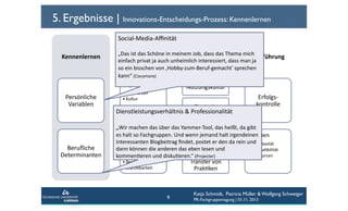 5. Ergebnisse | Innovations-Entscheidungs-Prozess: Kennenlernen
Social-­‐Media-­‐Aﬃnität	
  
Kennenlernen	
  

„Das	
  ist	
  das	
  Schöne	
  in	
  meinem	
  Job,	
  dass	
  das	
  Thema	
  mich	
  
Meinungsbildung	
  
Implemen6erung	
  
ForHührung	
  
einfach	
  privat	
  ja	
  auch	
  unheimlich	
  interessiert,	
  dass	
  man	
  ja	
  
so	
  ein	
  bisschen	
  von	
  ‚Hobby-­‐zum-­‐Beruf-­‐gemacht‛	
  sprechen	
  
kann“	
  (Cocomore)	
  	
  	
  

OrganisaCon	
  

Persönliche	
  
Variablen	
  

Nutzungskultur	
  

• Ressourcen	
  
• Kultur	
  

Strategie	
  

Dienstleistungsverhältnis	
  &	
  Professionalität	
  

Erfolgs-­‐
kontrolle	
  

Rechtslage	
  
„Wir	
  machen	
  das	
  über	
  das	
  Yammer-­‐Tool,	
  das	
  heißt,	
  da	
  gibt	
  

Beruﬂiche	
  
Determinanten	
  

es	
  InnovaCon	
  
halt	
  so	
  Fachgruppen.	
  Und	
  wenn	
  jemand	
  halt	
  irgendeinen	
  
Kriterien	
  
interessanten	
  Blogbeitrag	
  ﬁndet,	
  postet	
  er	
  den	
  da	
  rein	
  und	
  
• RelaCver	
  Vorteil	
  
• Komplexität	
  
Ressourcen	
  
dann	
  können	
  die	
  anderen	
  das	
  eben	
  lesen	
  und	
  
• KompaCbilität	
  
• KompaCbilität	
  
• Komplexität	
  
• Ressourcen	
  
kommenCeren	
  und	
  diskuCeren.“	
  (Projecter)	
  

Transfer	
  von	
  
PrakCken	
  

• Beobachtbarkeit	
  
• Erprobbarkeit	
  

9

Katja Schmidt, Patricia Müller & Wolfgang Schweiger
PR-Fachgruppentagung | 01.11. 2013

 
