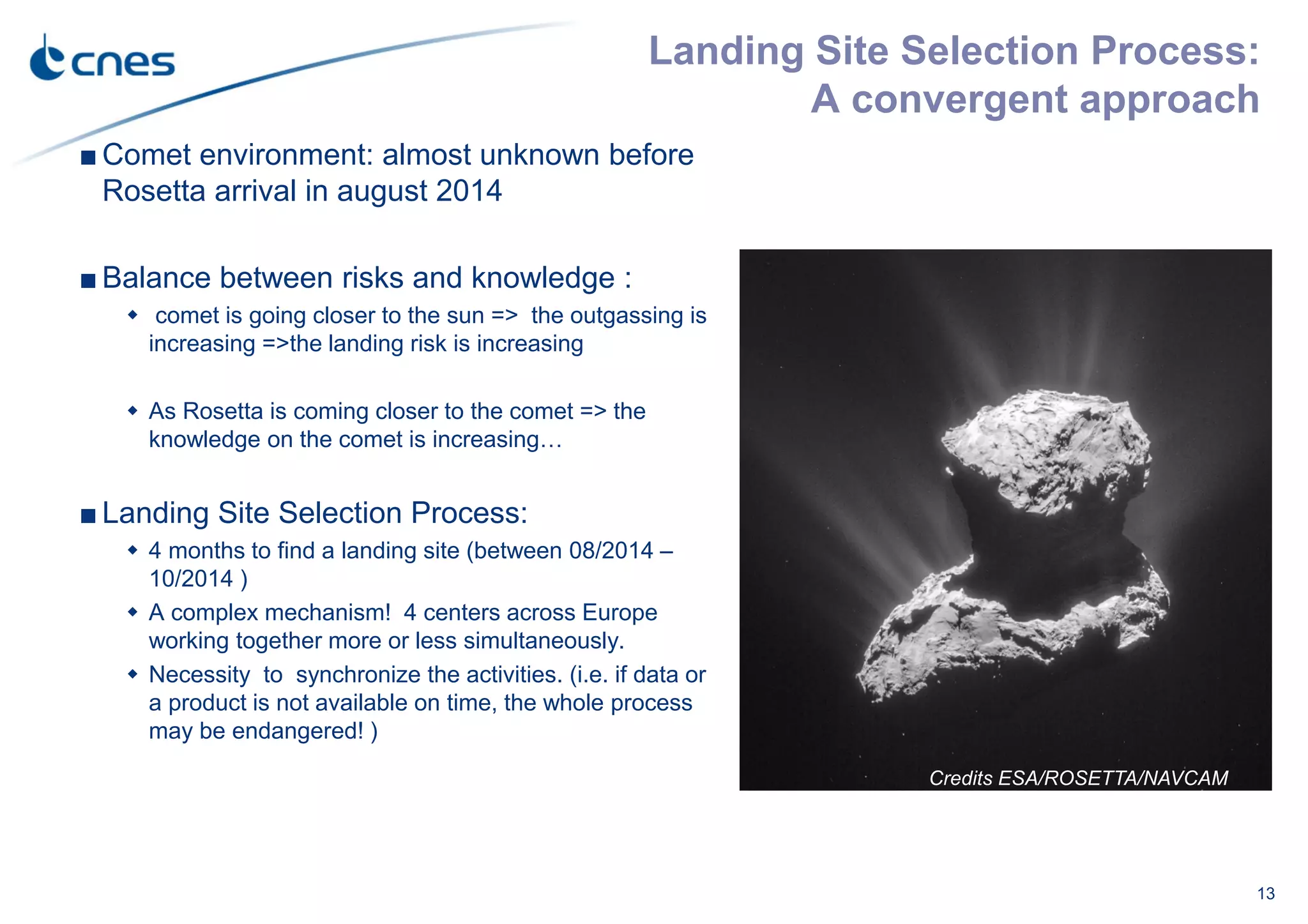 Landing Site Selection Process:
A convergent approach
13
■ Comet environment: almost unknown before
Rosetta arrival in august 2014
■ Balance between risks and knowledge :
comet is going closer to the sun => the outgassing is
increasing =>the landing risk is increasing
As Rosetta is coming closer to the comet => the
knowledge on the comet is increasing…
■ Landing Site Selection Process:
4 months to find a landing site (between 08/2014 –
10/2014 )
A complex mechanism! 4 centers across Europe
working together more or less simultaneously.
Necessity to synchronize the activities. (i.e. if data or
a product is not available on time, the whole process
may be endangered! )
Credits ESA/ROSETTA/NAVCAM
 