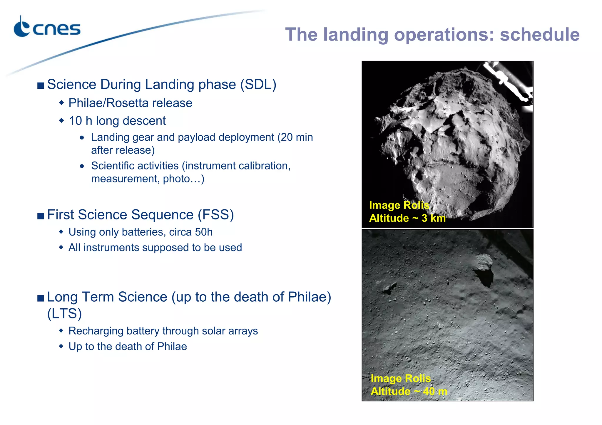 The landing operations: schedule
Nominal site
Image Rolis
Altitude ~ 40 m
■ Science During Landing phase (SDL)
Philae/Rosetta release
10 h long descent
• Landing gear and payload deployment (20 min
after release)
• Scientific activities (instrument calibration,
measurement, photo…)
■ First Science Sequence (FSS)
Using only batteries, circa 50h
All instruments supposed to be used
■ Long Term Science (up to the death of Philae)
(LTS)
Recharging battery through solar arrays
Up to the death of Philae
Image Rolis
Altitude ~ 3 km
 