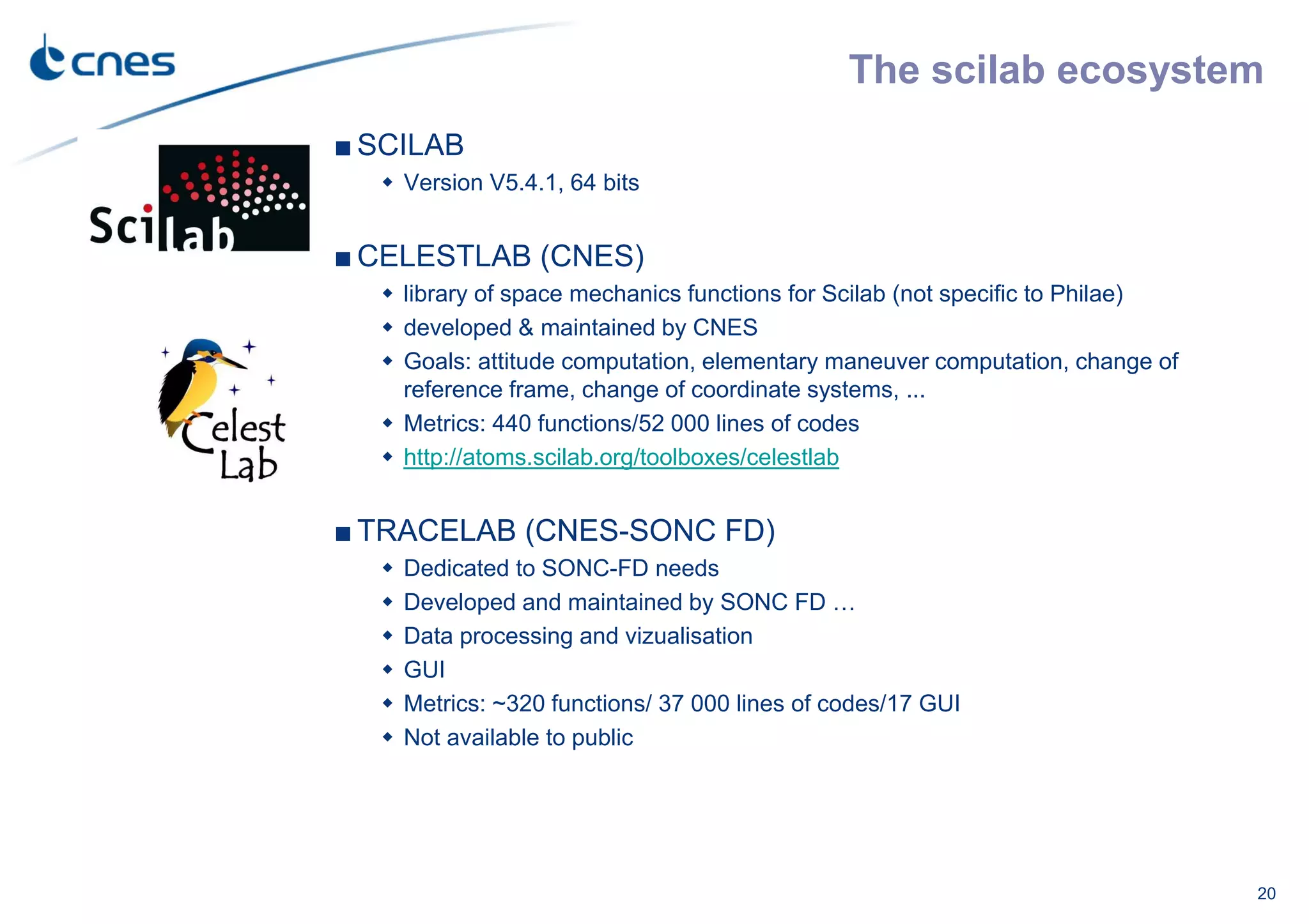 The scilab ecosystem
■ SCILAB
Version V5.4.1, 64 bits
■ CELESTLAB (CNES)
library of space mechanics functions for Scilab (not specific to Philae)
developed & maintained by CNES
Goals: attitude computation, elementary maneuver computation, change of
reference frame, change of coordinate systems, ...
Metrics: 440 functions/52 000 lines of codes
http://atoms.scilab.org/toolboxes/celestlab
■ TRACELAB (CNES-SONC FD)
Dedicated to SONC-FD needs
Developed and maintained by SONC FD …
Data processing and vizualisation
GUI
Metrics: ~320 functions/ 37 000 lines of codes/17 GUI
Not available to public
20
 