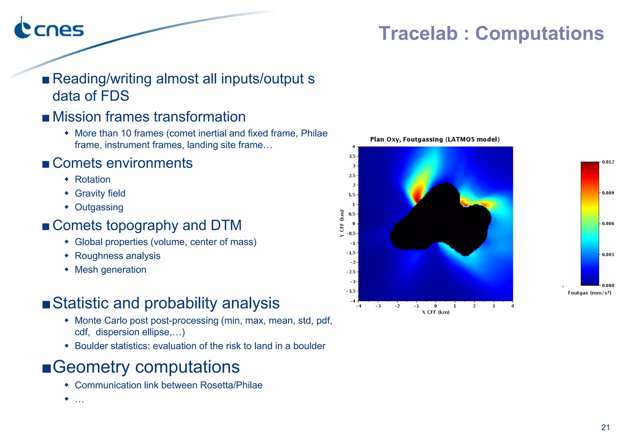 Tracelab : Computations
21
■ Reading/writing almost all inputs/output s
data of FDS
■ Mission frames transformation
More than 10 frames (comet inertial and fixed frame, Philae
frame, instrument frames, landing site frame…
■ Comets environments
Rotation
Gravity field
Outgassing
■ Comets topography and DTM
Global properties (volume, center of mass)
Roughness analysis
Mesh generation
■Statistic and probability analysis
Monte Carlo post post-processing (min, max, mean, std, pdf,
cdf, dispersion ellipse,…)
Boulder statistics: evaluation of the risk to land in a boulder
■Geometry computations
Communication link between Rosetta/Philae
…
 