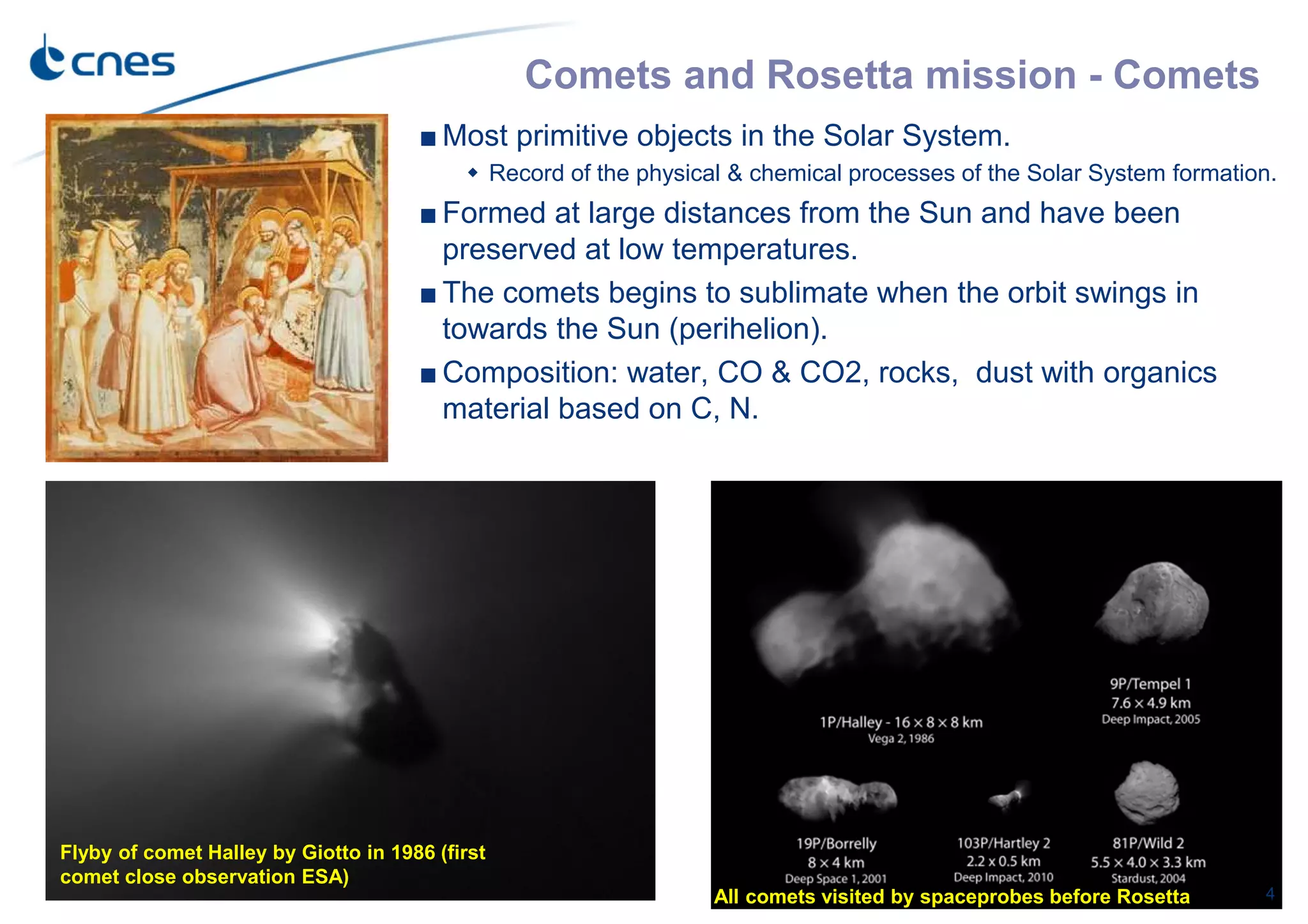 Comets and Rosetta mission - Comets
■ Most primitive objects in the Solar System.
Record of the physical & chemical processes of the Solar System formation.
■ Formed at large distances from the Sun and have been
preserved at low temperatures.
■ The comets begins to sublimate when the orbit swings in
towards the Sun (perihelion).
■ Composition: water, CO & CO2, rocks, dust with organics
material based on C, N.
4
Flyby of comet Halley by Giotto in 1986 (first
comet close observation ESA)
All comets visited by spaceprobes before Rosetta
 