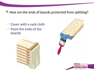 How are the ends of boards protected from splitting?
− Cover with a sack cloth
− Paint the ends of the
boards

 