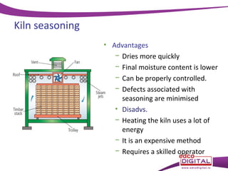 Kiln seasoning
• Advantages
− Dries more quickly
− Final moisture content is lower
− Can be properly controlled.
− Defects associated with
seasoning are minimised
• Disadvs.
− Heating the kiln uses a lot of
energy
− It is an expensive method
− Requires a skilled operator

 