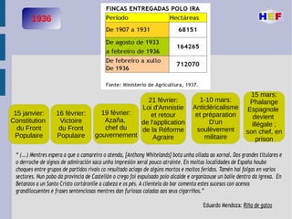 1936
15 janvier:
Constitution
du Front
Populaire
16 février:
Victoire
du Front
Populaire
19 février:
Azaña,
chef du
gouvernement
21 février:
Loi d'Amnistie
et retour
de l'application
de la Réforme
Agraire
1-10 mars:
Anticléricalisme
et préparation
D'un
soulèvement
militaire
“ (...) Mentres espera a que o camareiro o atenda, [Anthony Whitelands] bota unha ollada ao xornal. Dos grandes titulares e
o derroche de signos de admiración saca unha impresión xeral pouco atraínte. En moitas localidades de España houbo
choques entre grupos de partidos rivais co resultado aciago de algúns mortos e moitos feridos. Tamén hai folgas en varios
sectores. Nun pobo da provincia de Castellón o crego foi expulsado polo alcalde e organizouse un baile dentro da igrexa. En
Betanzos a un Santo Cristo cortáronlle a cabeza e os pés. A clientela do bar comenta estes sucesos con acenos
grandilocuentes e frases sentenciosas mentres dan furiosas caladas aos seus cigarriños.”
Eduardo Mendoza: Riña de gatos
15 mars:
Phalange
Espagnole
devient
illégale ;
son chef, en
prison
 