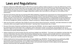 Laws and Regulations:
• Sarbanes–Oxley Act of 2002 (SOX). Section 404 of the act requires publicly traded companies to assess the effectiveness of their
internal controls for financial reporting in annual reports they submit at the end of each fiscal year. Chief information officers are
responsible for the security, accuracy and the reliability of the systems that manage and report the financial data. The act also
requires publicly traded companies to engage independent auditors who must attest to, and report on, the validity of their
assessments.
• Payment Card Industry Data Security Standard (PCI DSS) establishes comprehensive requirements for enhancing payment account
data security. It was developed by the founding payment brands of the PCI Security Standards Council, including American
Express, Discover Financial Services, JCB, MasterCard Worldwide and Visa International, to help facilitate the broad adoption of
consistent data security measures on a global basis. The PCI DSS is a multifaceted security standard that includes requirements
for security management, policies, procedures, network architecture, software design and other critical protective measures.
• State security breach notification laws (California and many others) require businesses, nonprofits, and state institutions to notify
consumers when unencrypted "personal information" may have been compromised, lost, or stolen.
• Personal Information Protection and Electronics Document Act (PIPEDA) – An Act to support and promote electronic commerce
by protecting personal information that is collected, used or disclosed in certain circumstances, by providing for the use of
electronic means to communicate or record information or transactions and by amending the Canada Evidence Act, the Statutory
Instruments Act and the Statute Revision Act.
• Hellenic Authority for Communication Security and Privacy (ADAE) (Law 165/2011) - The Greek Law establishes and describes the
minimum Information Security controls that should be deployed by every company which provides electronic communication
networks and/or services in Greece in order to protect customers' Confidentiality. These include both managerial and technical
controls (i.e. log records should be stored for two years).
• Hellenic Authority for Communication Security and Privacy (ADAE) (Law 205/2013)- The latest Greek Law published by ADAE
concentrates around the protection of the Integrity and Availability of the services and data offered by the Greek
Telecommunication Companies.The new Law forces Telcos and associated companies to build, deploy and test appropriate
Business Continuity Plans and redundant infrastructures.
 