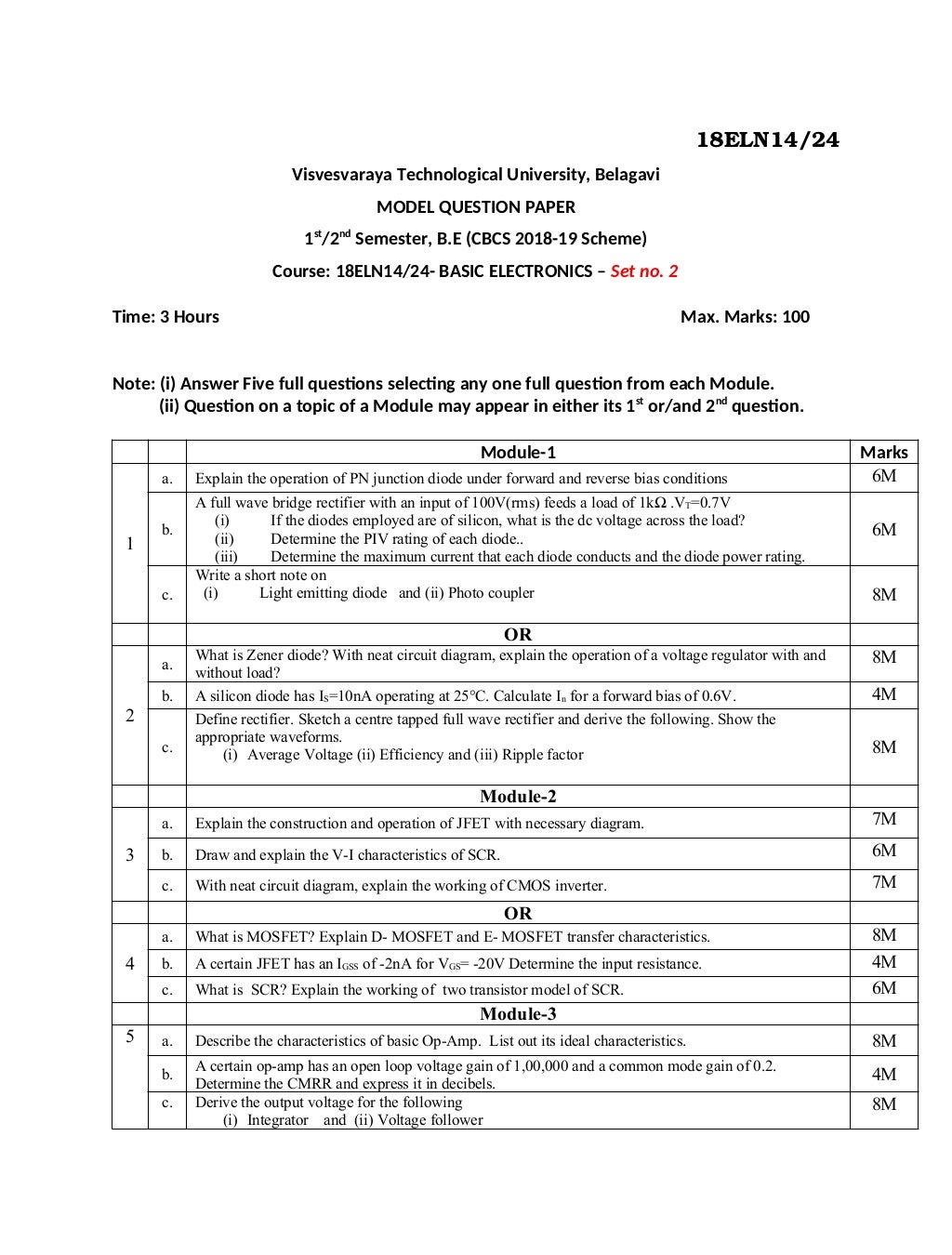 1 & 2 semester VTU 2018 cbcs scheme model question papers