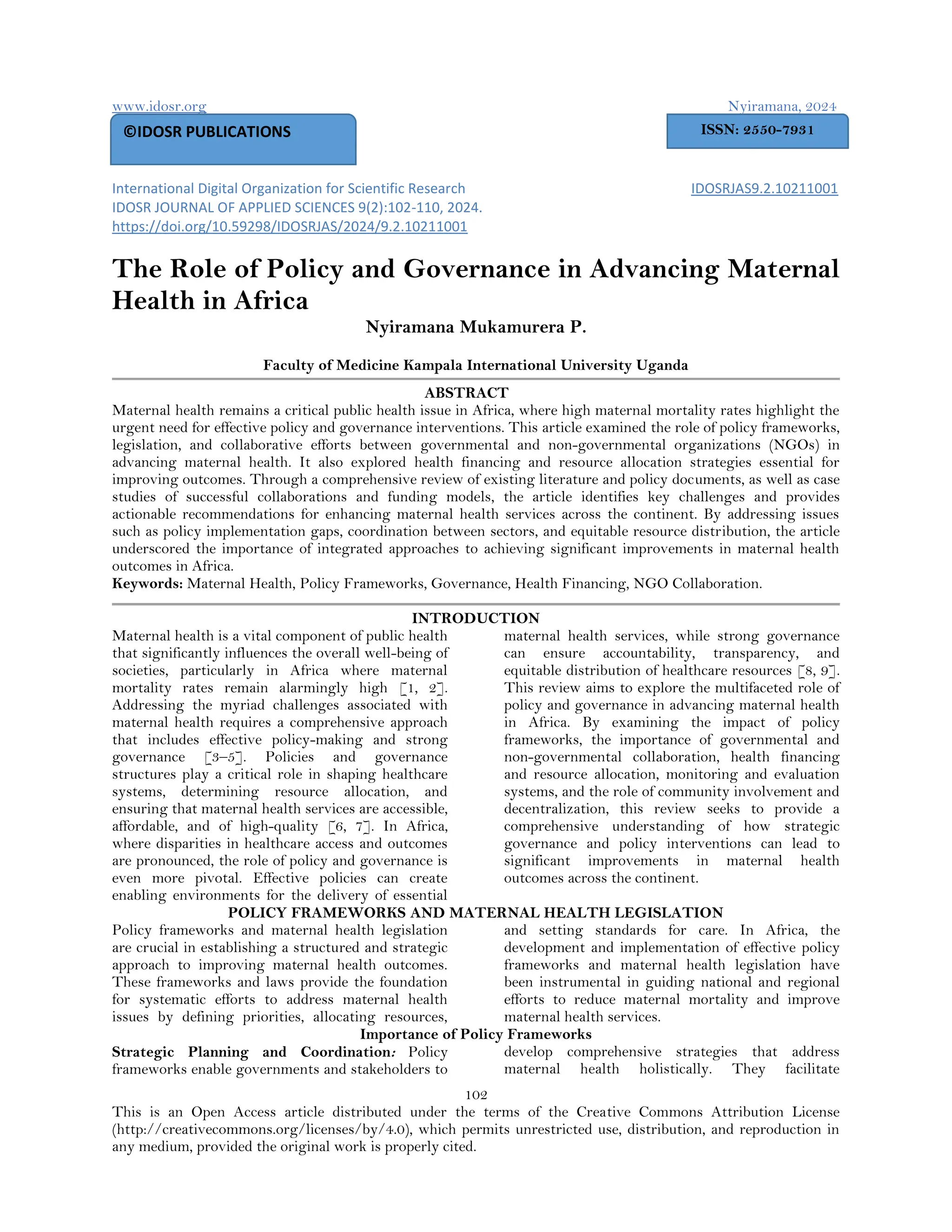 The Role of Policy and Governance in Advancing Maternal Health in ...