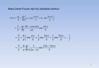 Maka Deret Fourier dari f(x) dituliskan berikut :
0
1
( ) cos sin
2
n n
n
a n x n x
f x a b
L L
 


 
  
 
 

1
3 3(1 cos )
sin
2 5
n
n n x
n
 




  
3 6 1 3 1 5
sin sin sin ...
2 5 3 5 5 5
x x x
  

 
    
 
 
1
3 6 1 (2 1)
sin
2 (2 1) 5
n
n x
n





 


11
 