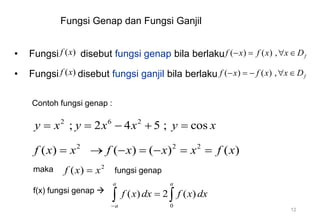 Fungsi Genap dan Fungsi Ganjil
• Fungsi disebut fungsi genap bila berlaku
• Fungsi disebut fungsi ganjil bila berlaku
( )
f x ( ) ( ) , f
f x f x x D
   
( )
f x ( ) ( ) , f
f x f x x D
    
12
f(x) fungsi genap 
0
( ) 2 ( )
a a
a
f x dx f x dx


 
Contoh fungsi genap :
2 6 2
; 2 4 5 ; cos
y x y x x y x
    
2 2 2
( ) ( ) ( ) ( )
f x x f x x x f x
      
maka 2
( )
f x x
 fungsi genap
 
