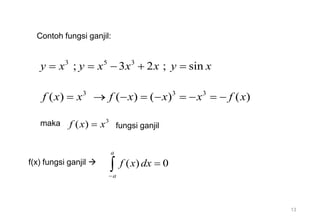 f(x) fungsi ganjil  ( ) 0
a
a
f x dx



Contoh fungsi ganjil:
3 5 3
; 3 2 ; sin
y x y x x x y x
    
13
3 3 3
( ) ( ) ( ) ( )
f x x f x x x f x
        
maka 3
( )
f x x
 fungsi ganjil
 