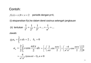 32
Contoh:
( ) ;0 2
f x x x
   periodik dengan p=4,
(ii) tentukan 4 4 4 4
1 1 1 1
... ...
1 2 3 n
    
Jawab:
(i) ekspansikan f(x) ke dalam deret cosinus setengah jangkauan
2
0
0
2 , 0
n
a x dx b
  

2
0
2
cos
2 2
n
n x
a x dx

  2 2
2
2 4
sin cos
0
2 2
n x n x
x
n n
 
 
  
   
 
 
   
   
 
2 2
4
(cos 1), 0
n n
n


  
(i)
 
