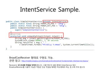 IntentService Sample.
BroadCastReceiver 형태로 구현도 가능.
관련 참고: http://mobile.tutsplus.com/tutorials/android/android-fundamentals-intentservice-basics/
Receiver는 10 초내에 작업을 마쳐야 합니다. 그렇기에 위 내용 중에서 IntentService 대신
BroadcastReceiver를 사용이 가능한 작업은 단순 작업일 때에만 하도록해야 하는 점 꼬옥 주의 합시다
 