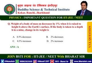 बुद्धा साइन्स एंड टेक्निकल इंस्टीट्यूट
Buddha Science & Technical Institute
Kokar, Ranchi, Jharkhand
JOIN BSTI FOR : IIT-JEE / NEET With BHARAT SIR
PHYSICS : IMPORTANT QUESTION FOR IIT-JEE / NEET
Q. Weight of a body of mass m decreases by 1% when it is raised to
height h above the Earth`s surface. If the body is taken to a depth
h in a mine, change in its weight is
A. 0.5% decreases B. 2% decreases
C. 0.5% increases D. 2% increases
ANS : A
V.V.I.
QUESTION
 