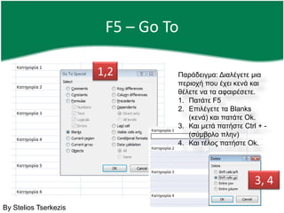 F5 – Go To1,2Παράδειγμα: Διαλέγετε μια περιοχή που έχει κενά και θέλετε να τα αφαιρέσετε.Πατάτε F5 Επιλέγετε τα Blanks (κενά) και πατάτε Ok.Και μετά πατήστε Ctrl + - (σύμβολο πλην)Και τέλος πατήστε Ok.3, 4By Stelios Tserkezis